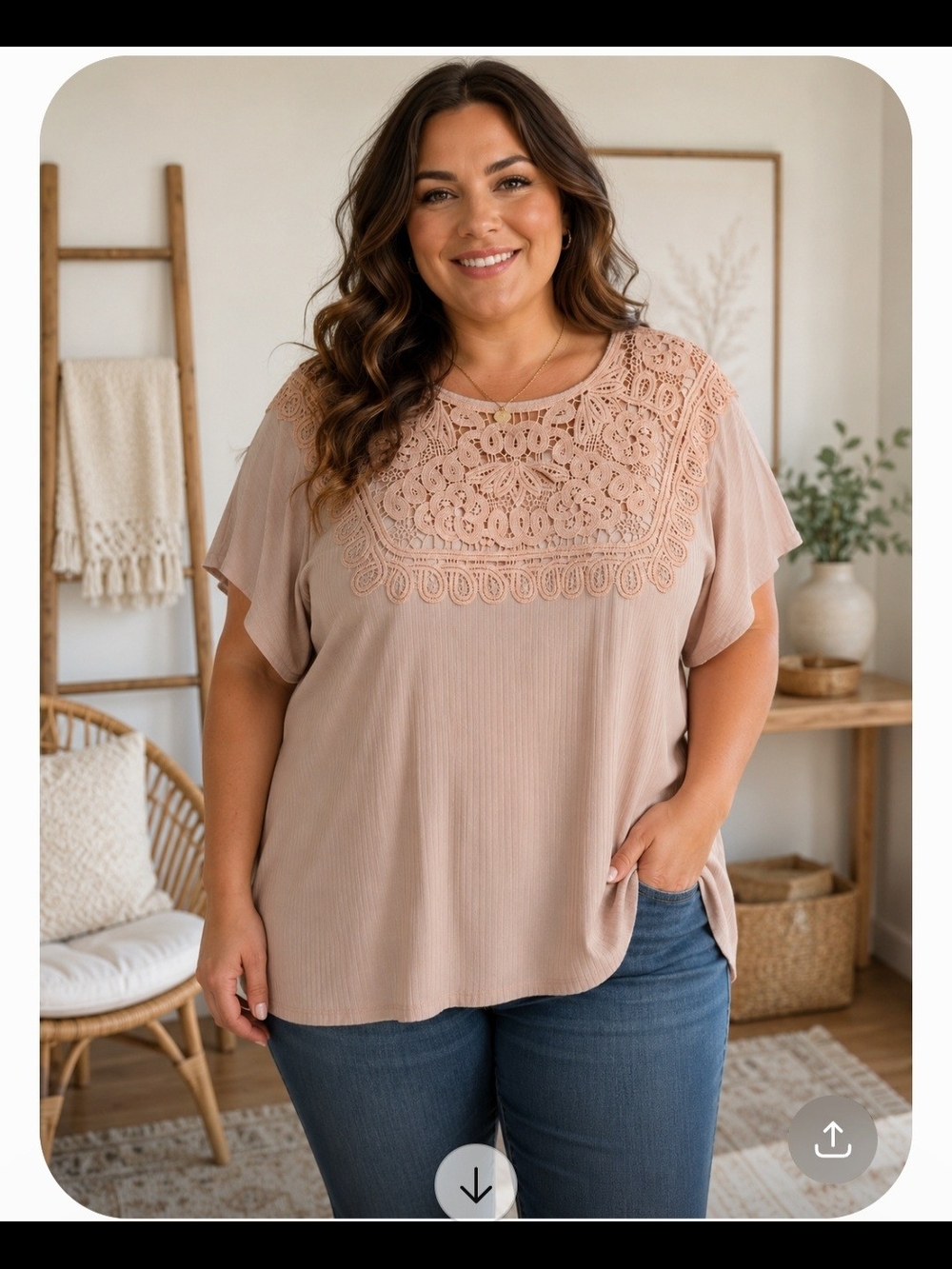 Rio & Rian Lace Yoke Flutter Sleeve Top - Peach Colored. Size 3x